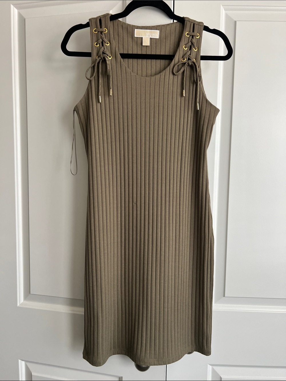 Michael Kors Olive Ribbed Lace-Up Shoulder Mini Dress